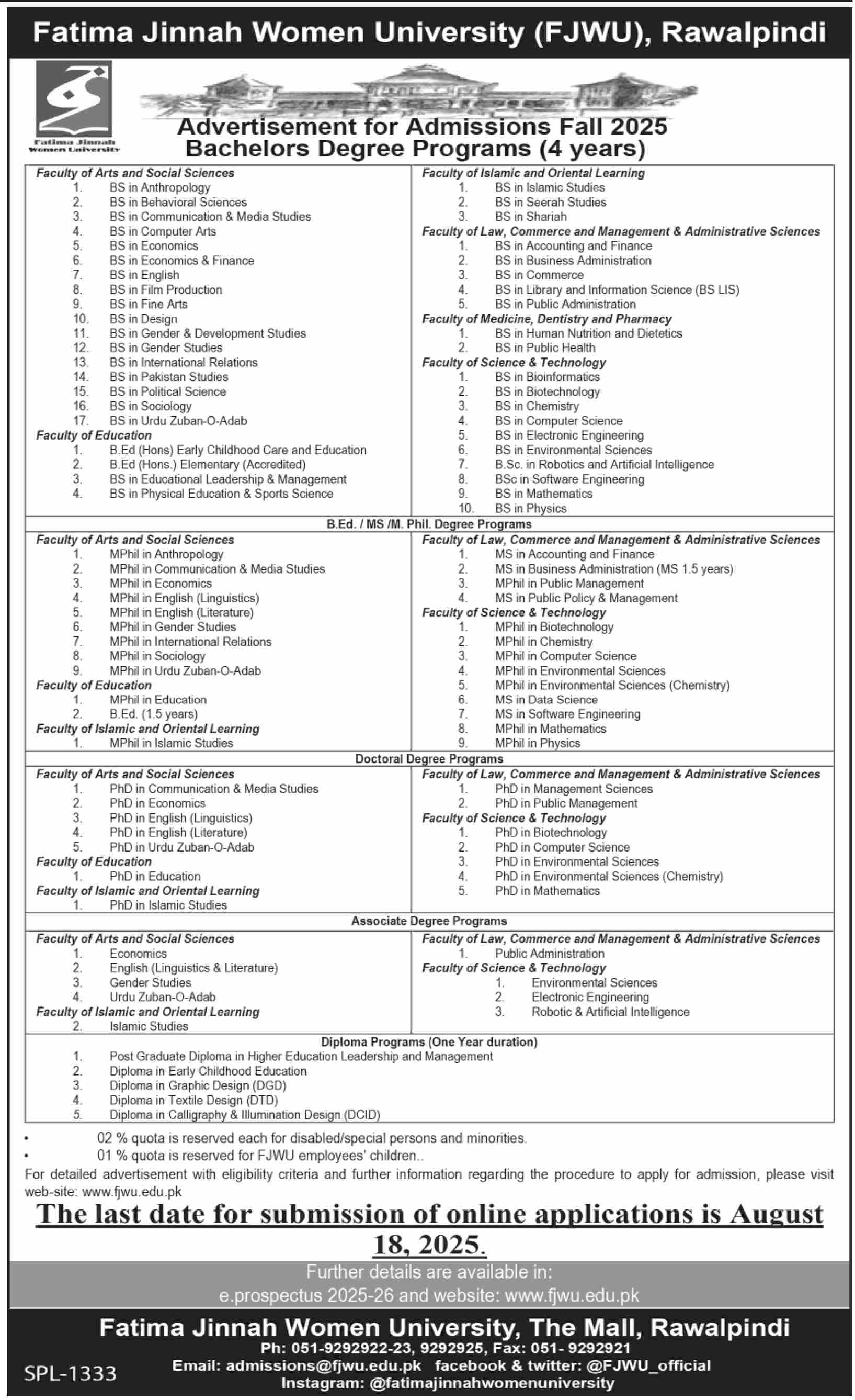 Admission Open in Fatima Jinnah Women University Rawalpindi